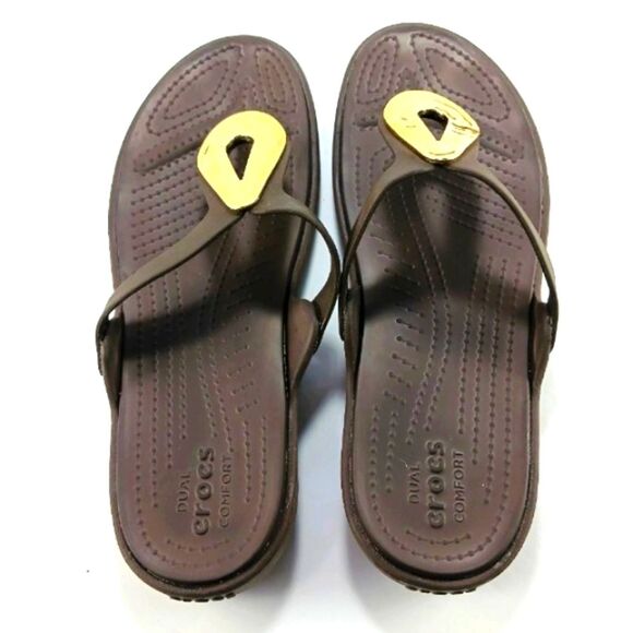 CROCS Women's Thong Sandals in Brown with Gold Accents Size 11 - Picture 4 of 9